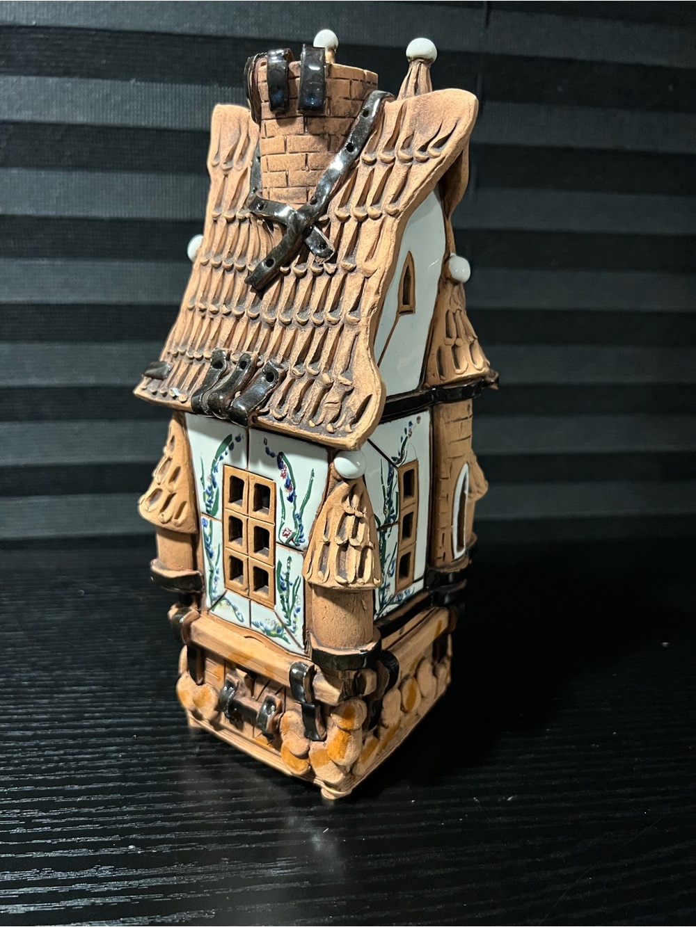 Decorative Ceramic Cottage Sculpture handmade candle holder - Tan and White